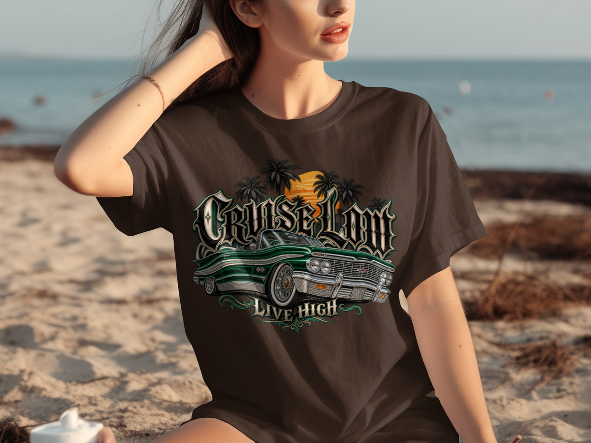 Brown t-shirt with "CRUISE LOW LIVE HIGH" text and a green classic car.