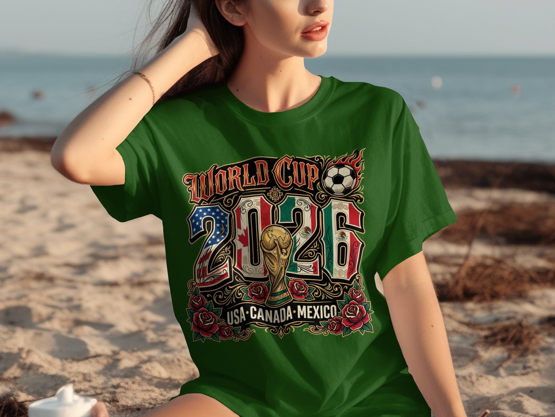 Green t-shirt with "World Cup 2026 USA-Canada-Mexico" and soccer imagery.