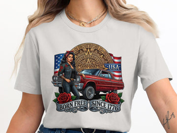 Chicana Lowrider T-Shirt, Impala Car, Aztec Art, USA Flag Pride