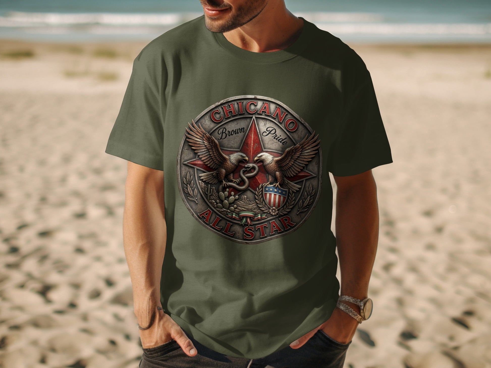 Olive green t-shirt with circular "Chicano Brown Pride All Star" emblem featuring eagles.
