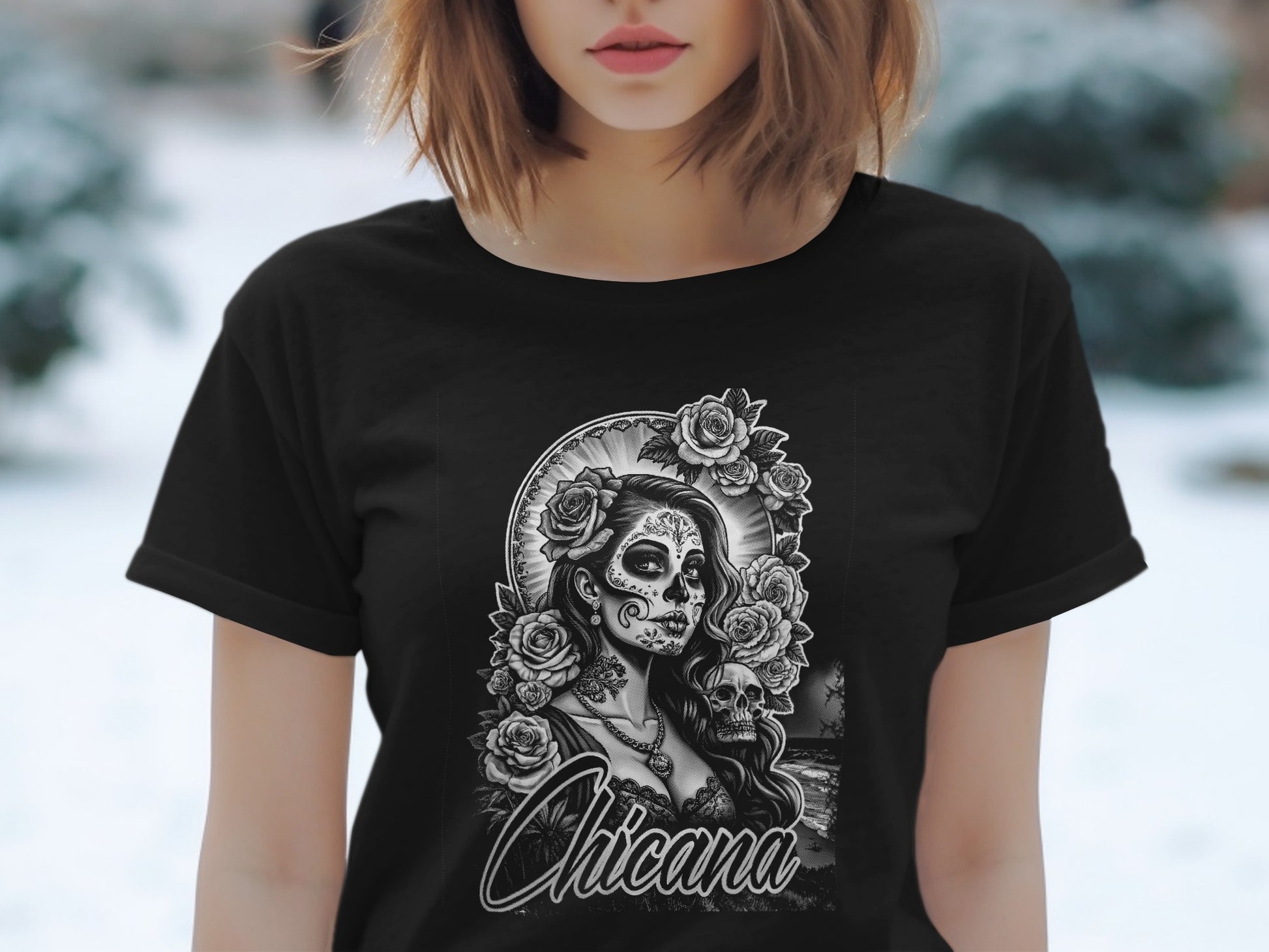 Black t-shirt with Sugar Skull and roses design, "Chicana" text.