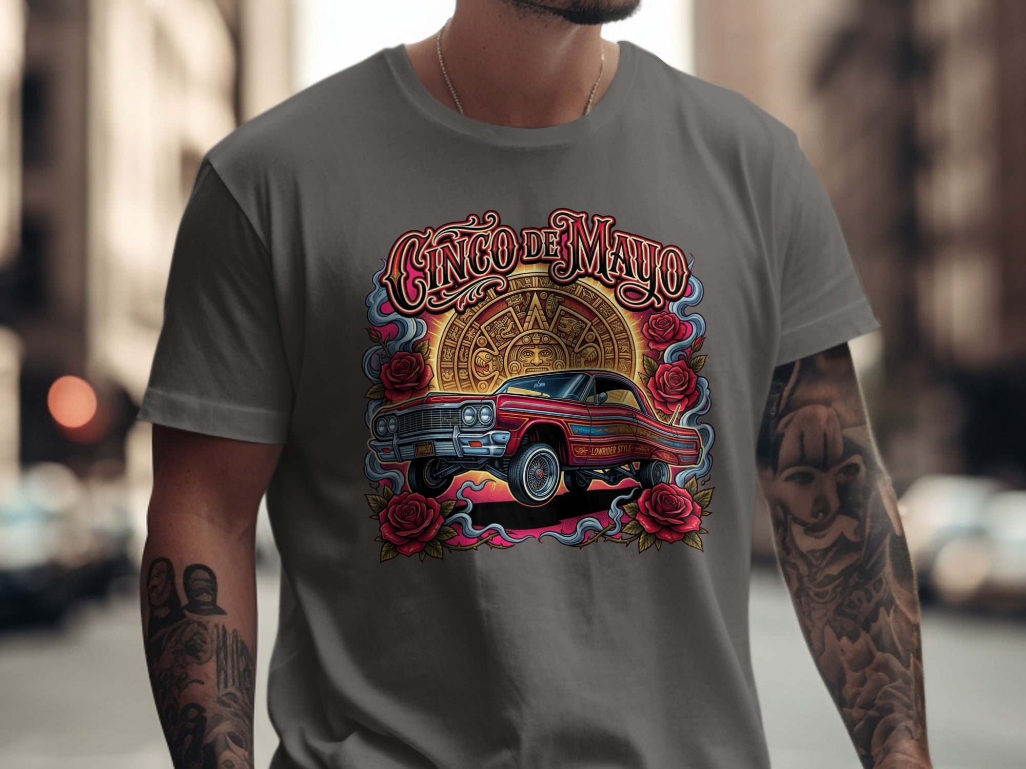 Cinco de Mayo graphic on gray t-shirt with classic car and roses.