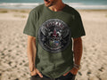 Olive green t-shirt with a circular emblem featuring eagles, shield, and text.
