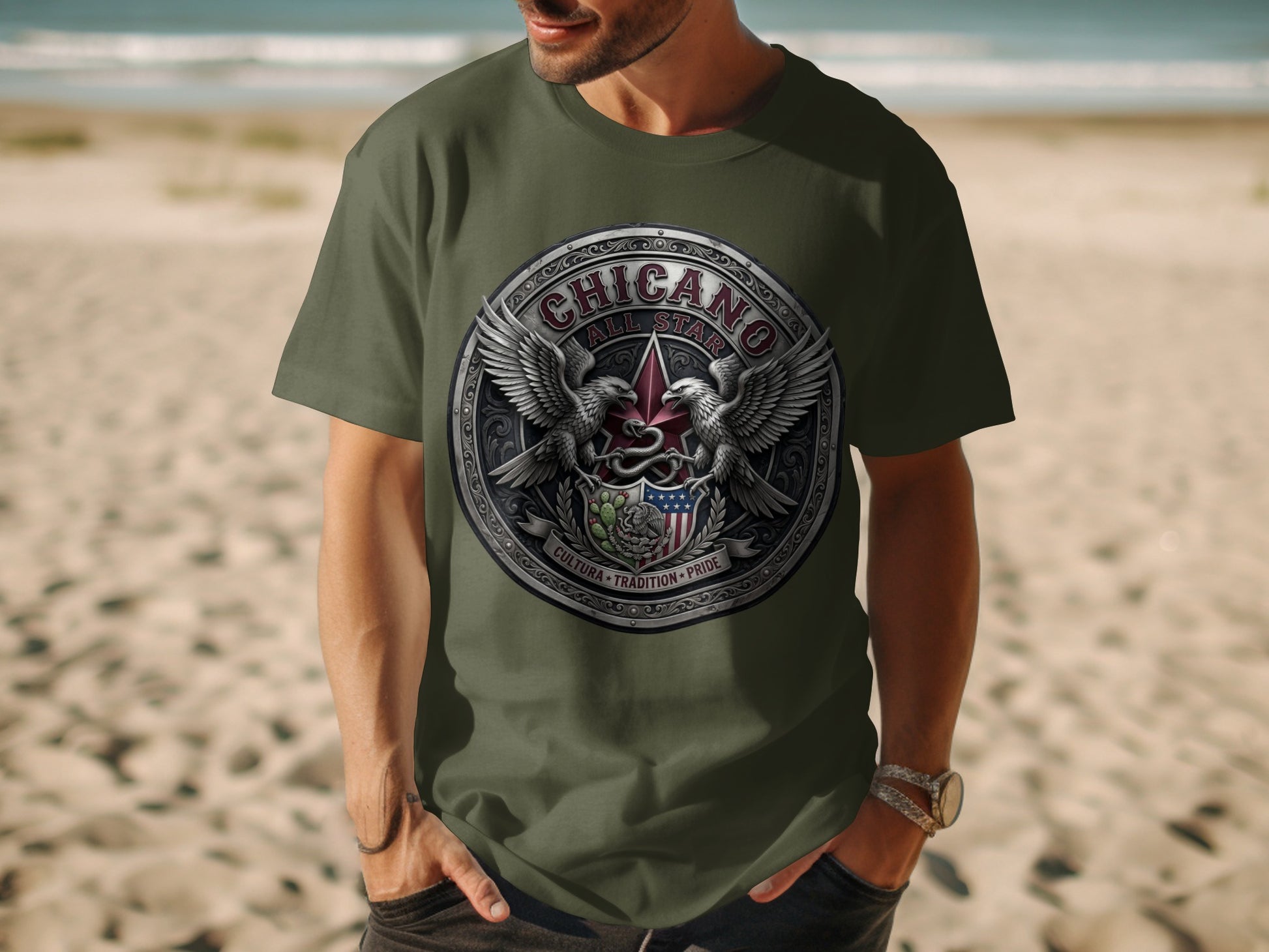 Olive green t-shirt with a circular emblem featuring eagles, shield, and text.