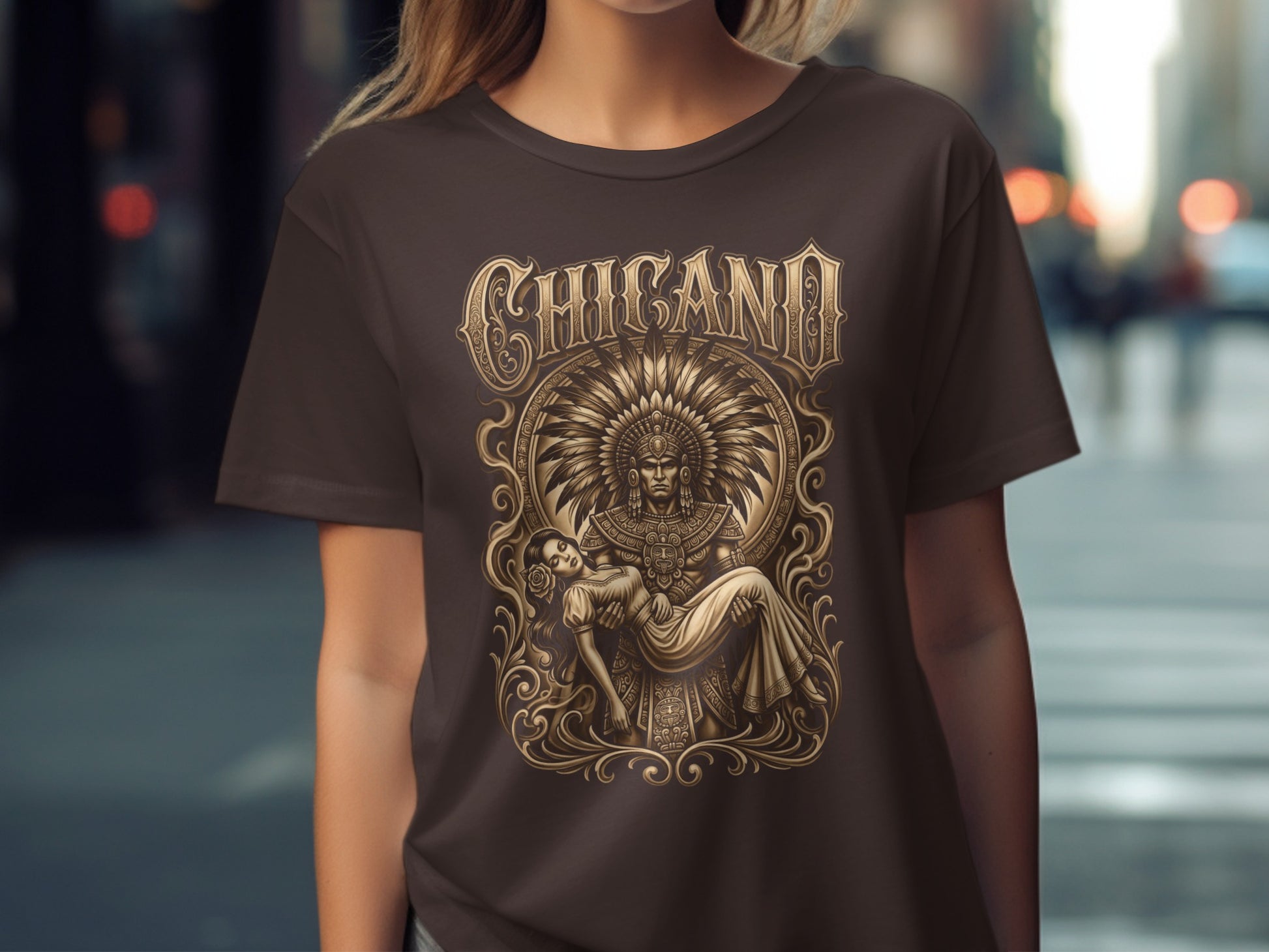 Brown t-shirt with gold Chicano artwork of a warrior holding a woman.
