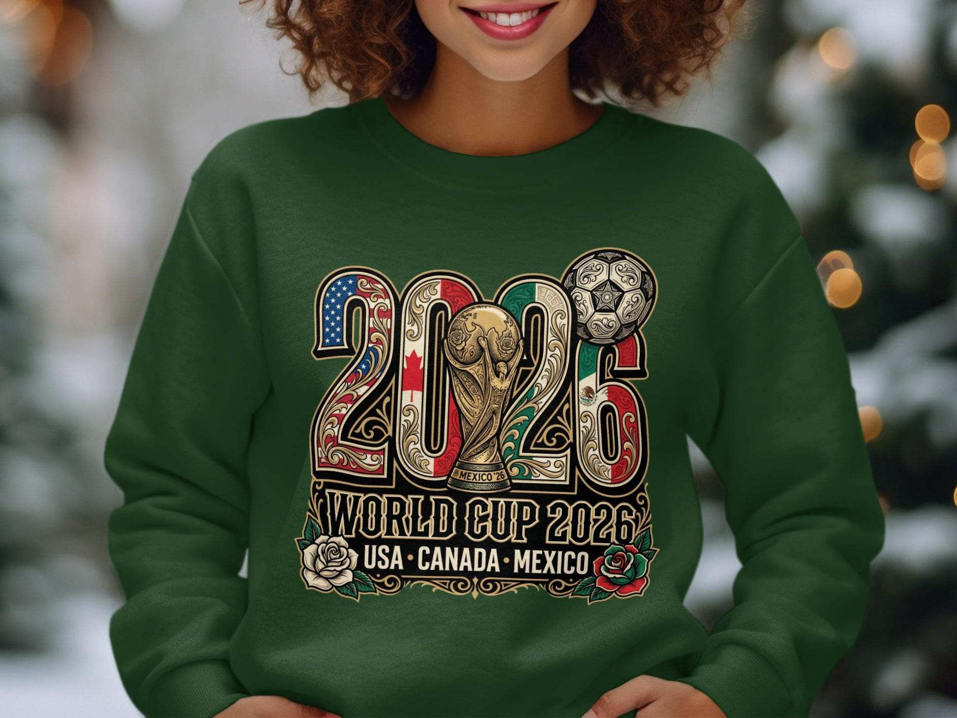 Green sweatshirt with "2026 World Cup USA Canada Mexico" text and soccer ball graphic.