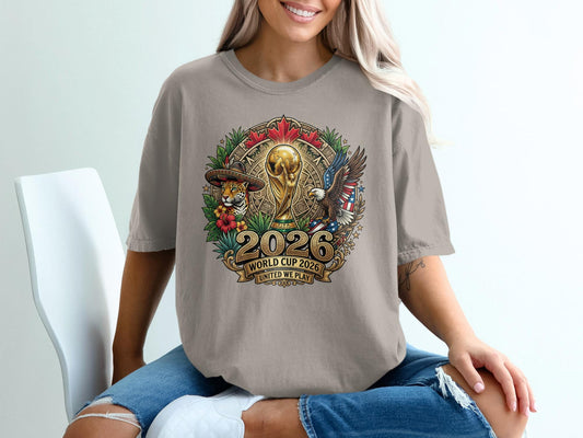 World Cup 2026 T-Shirts, FIFA Soccer Fan Tee, USA Mexico Canada Football, Trophy Jaguar Eagle Maple Leaf, United We Play