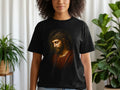 Black t-shirt featuring a realistic depiction of Jesus wearing a crown of thorns.