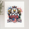 USA 2026 crest with eagles, soccer balls, and crown.