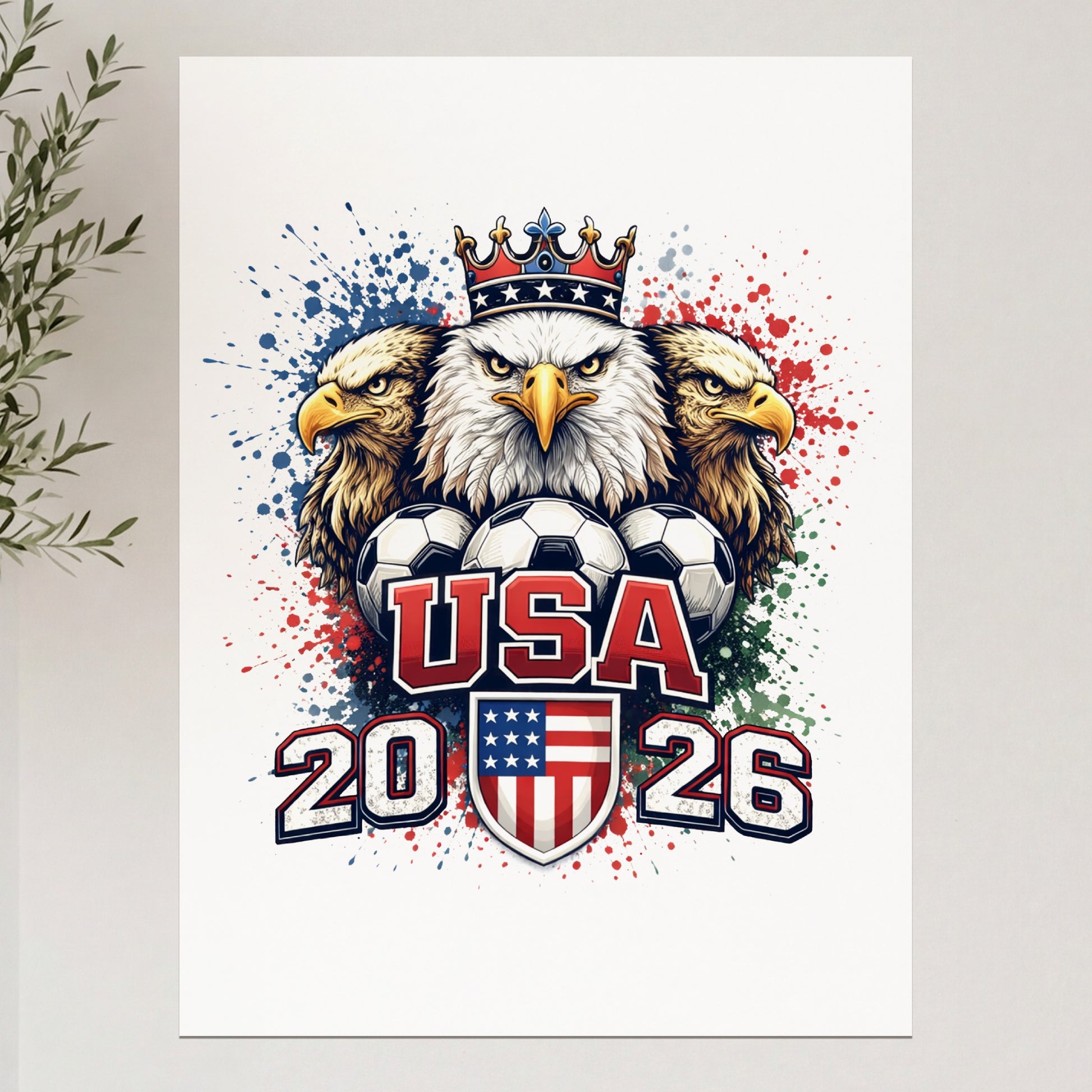 USA 2026 crest with eagles, soccer balls, and crown.