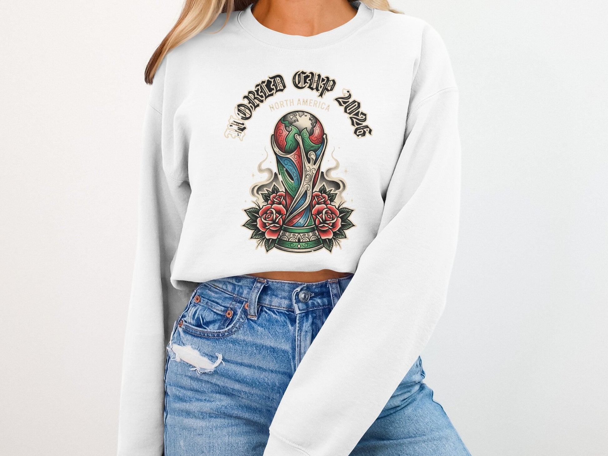 World Cup 2026 North America trophy with roses design on white sweatshirt.