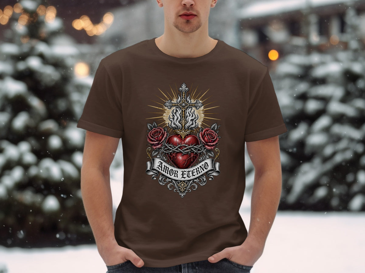 Brown t-shirt with a graphic of a thorny heart, cross, roses, and "AMOR ETERNO" banner.
