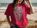 Red t-shirt with a silver Lucha Libre mask design and 