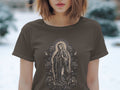 T-shirt with a Virgin Mary and roses graphic design.
