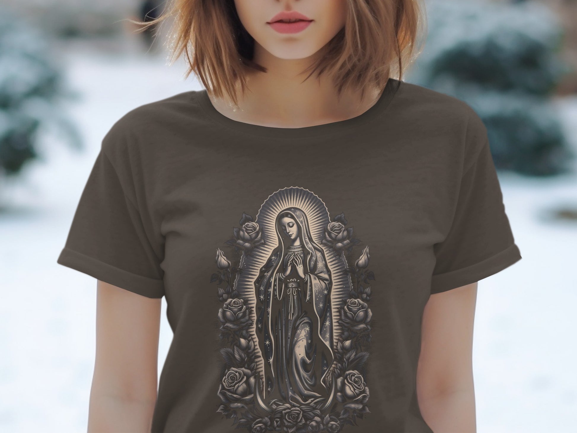 T-shirt with a Virgin Mary and roses graphic design.