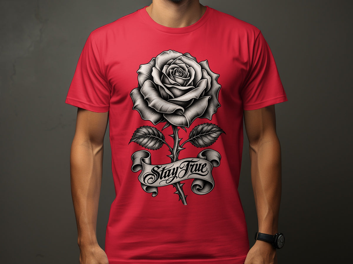 Red t-shirt with a black and white rose, banner, and text "Stay True".