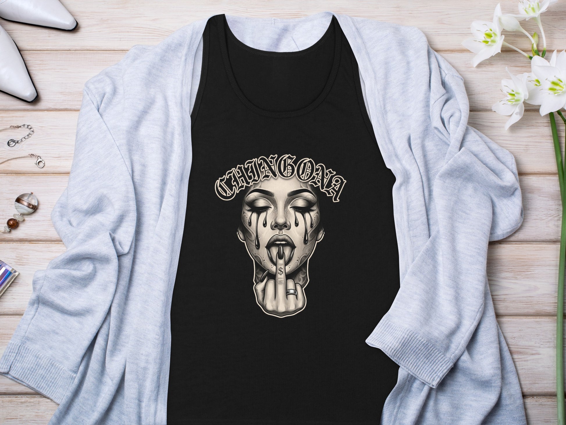 Black tank top with "CHINGONA" text and woman's face with tears and middle finger.