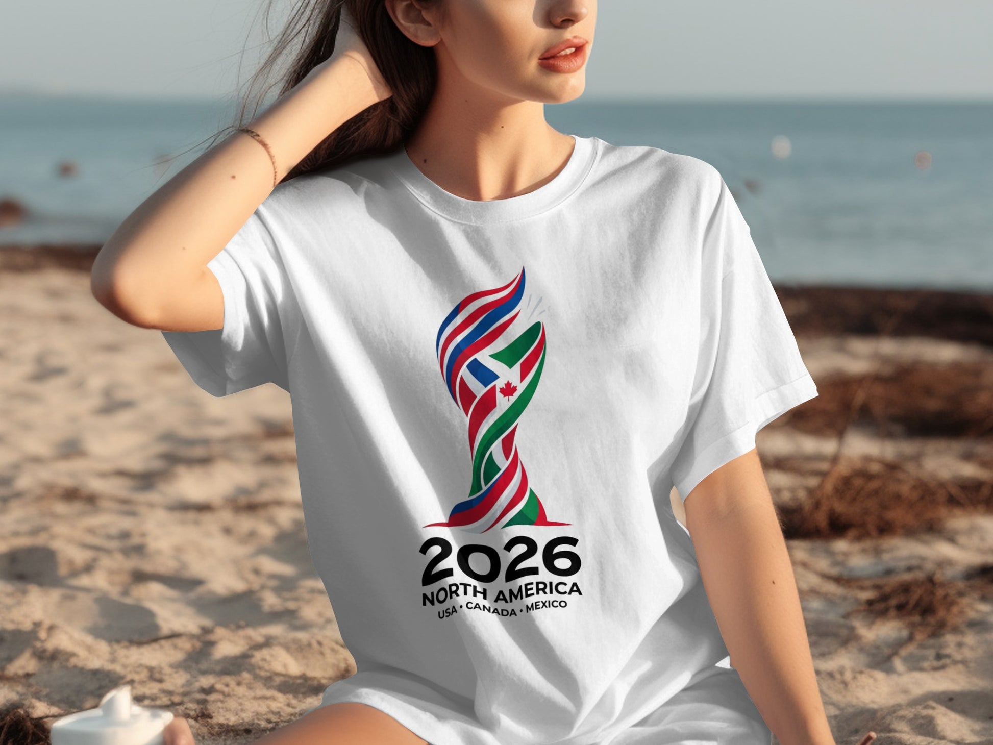 Woman wearing a white t-shirt with the 2026 World Cup logo and text.