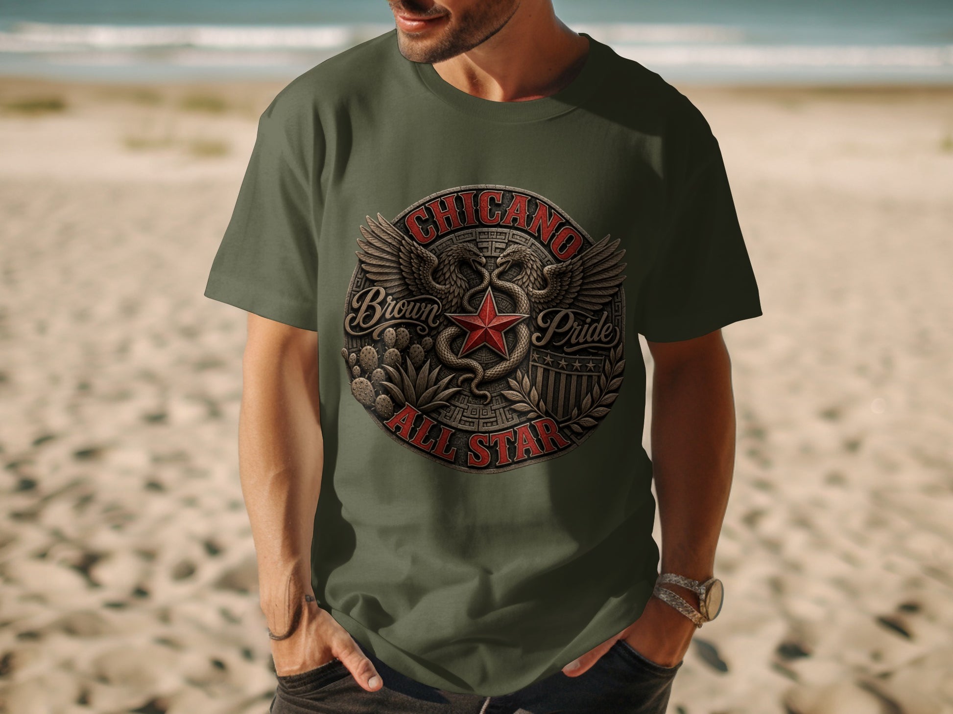 Olive green t-shirt with "Chicano Brown Pride All Star" circular emblem.