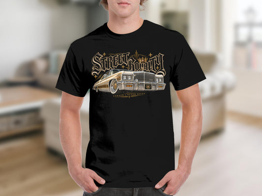Black t-shirt with "Street Royalty" and a gold classic car graphic.