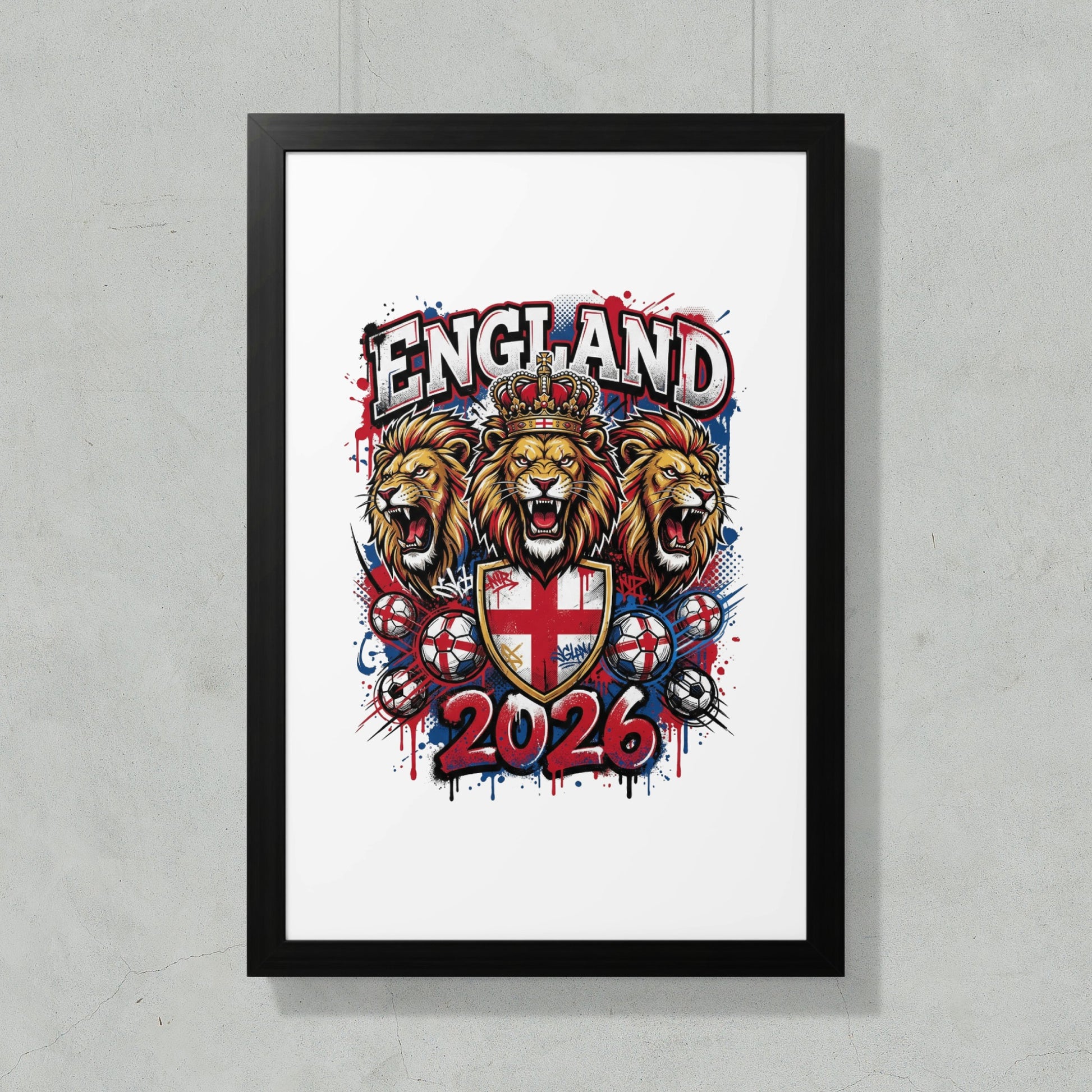England 2026 crest with three lions and soccer balls.