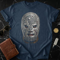 Dark blue t-shirt featuring a close-up of a silver lucha libre wrestling mask.