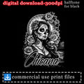 Day of the Dead woman with skull, roses, and text 