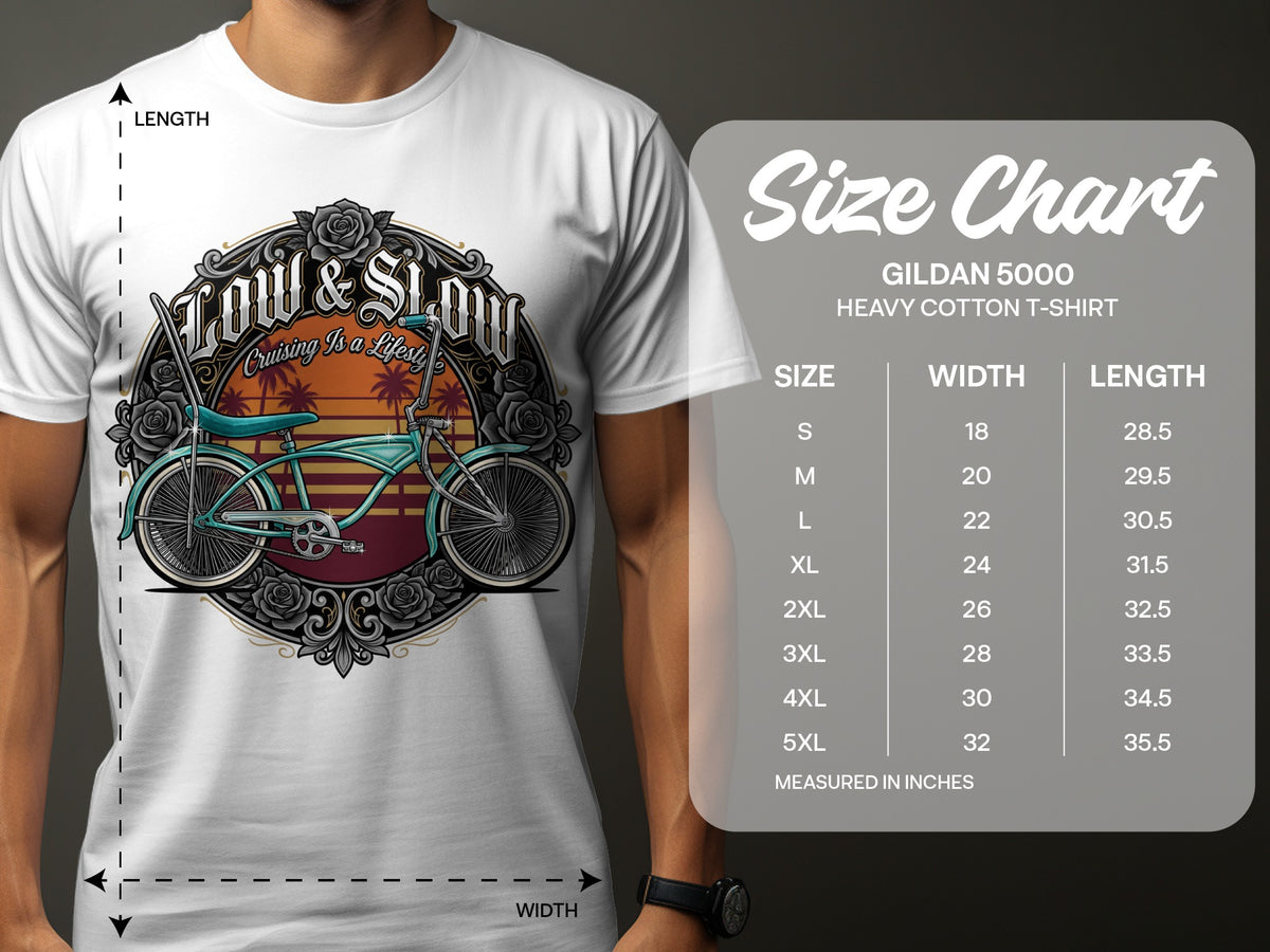 Gildan 5000 size chart with "Low & Slow" graphic featuring a bicycle.