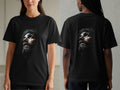 Black t-shirt with a dark, detailed print of Jesus wearing a crown of thorns.