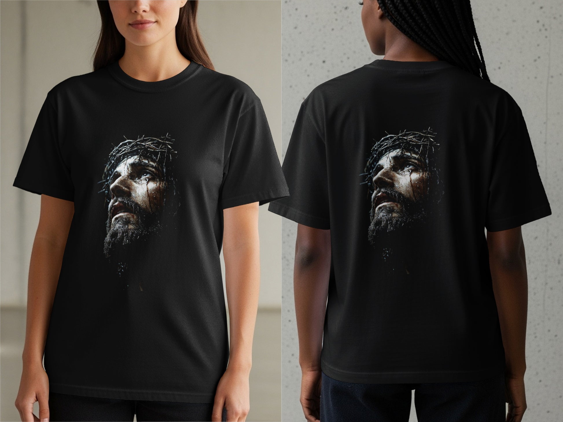 Black t-shirt with a dark, detailed print of Jesus wearing a crown of thorns.