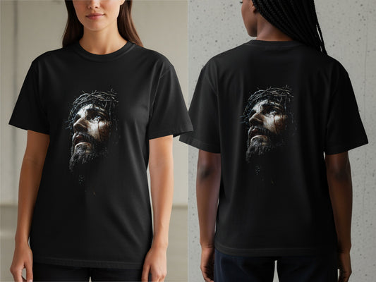 Black t-shirt with a dark, detailed print of Jesus wearing a crown of thorns.