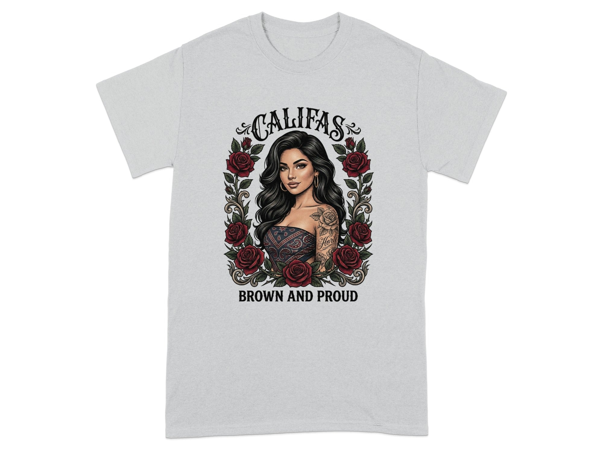 T-shirt with graphic of a woman with roses and text "CALIFAS BROWN AND PROUD".