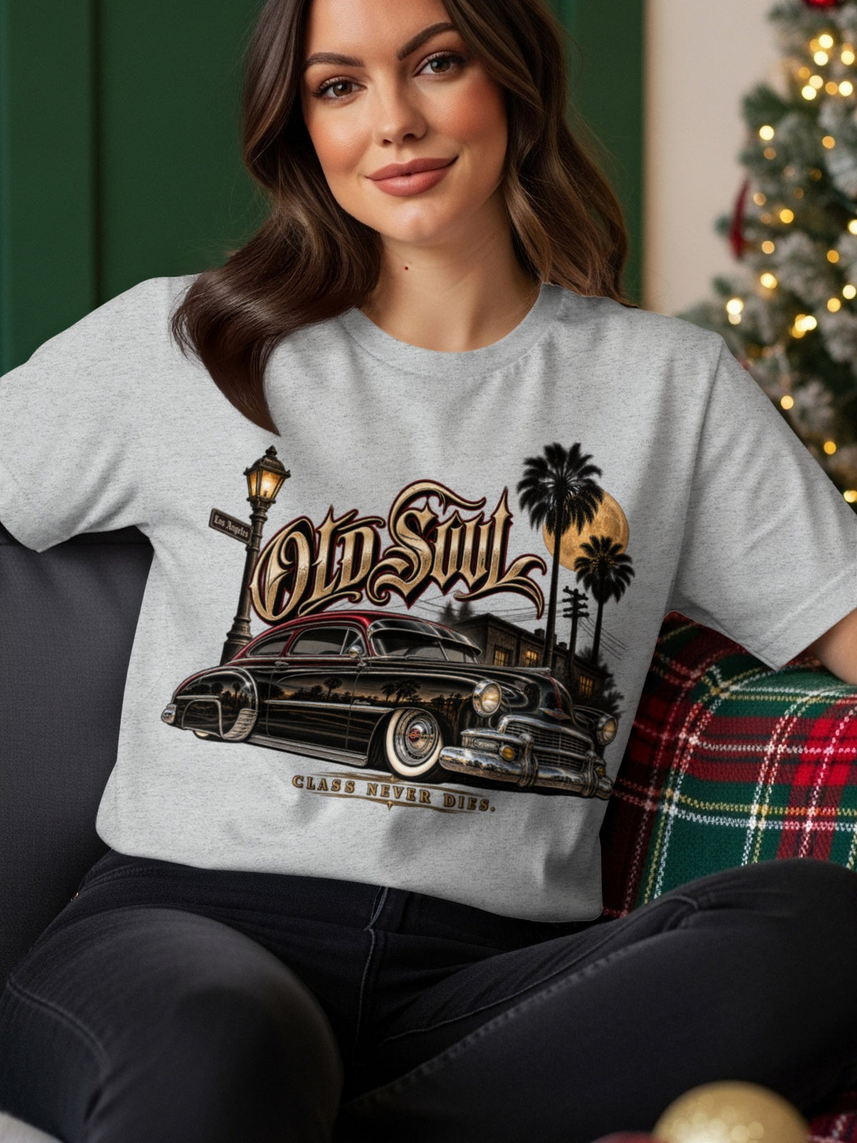 "Old Soul" graphic tee with vintage car, palm trees, and "Class Never Dies" text.