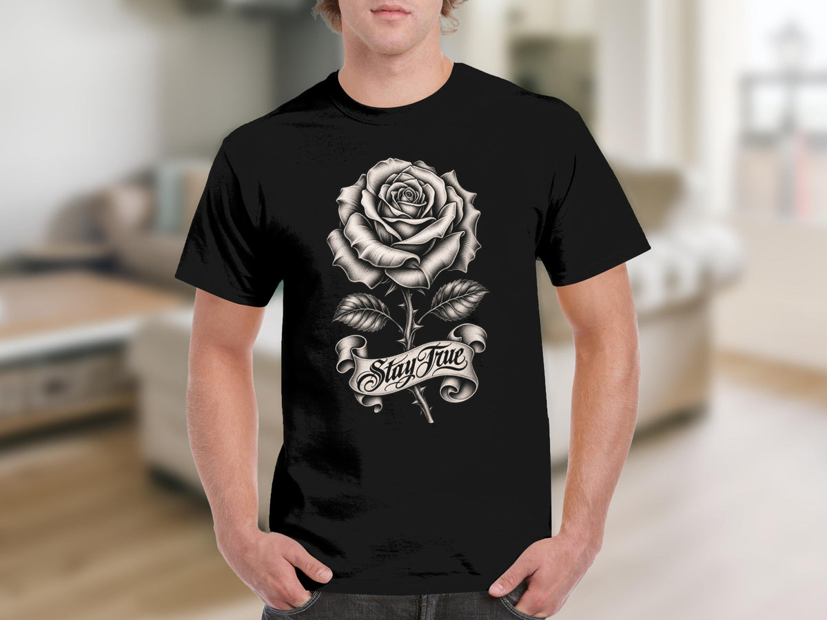 Black t-shirt with a detailed rose graphic and banner reading "Stay True".