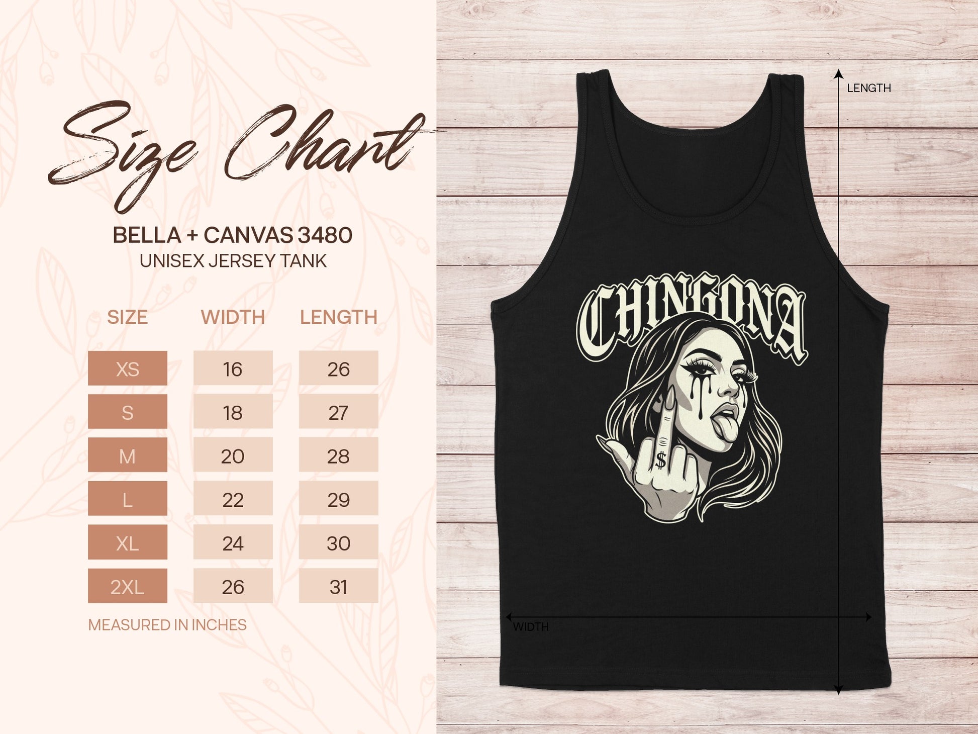 Size chart for Bella + Canvas 3480 unisex jersey tank top with graphic.