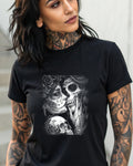Black t-shirt featuring a Day of the Dead sugar skull design with kissing faces.