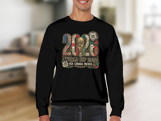 2026 World Cup USA Canada Mexico graphic on black sweatshirt.