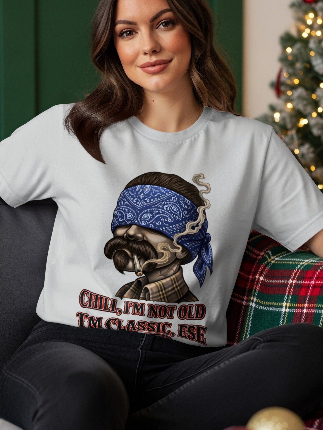 T-shirt with a bandana-clad man smoking, text "Chill, I'm not old, I'm classic, ese."