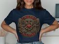 Navy t-shirt with Chicano Brown Pride All Star emblem featuring a star and snakes.