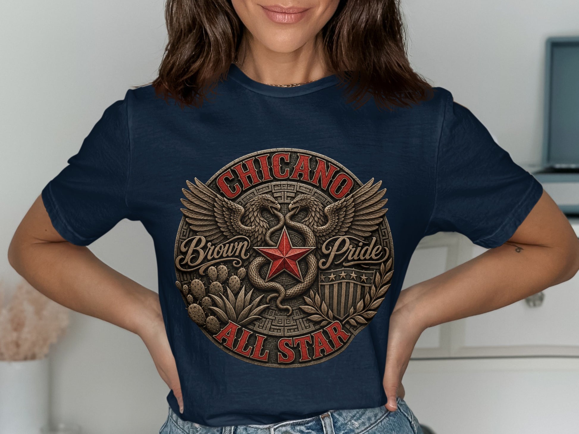 Navy t-shirt with Chicano Brown Pride All Star emblem featuring a star and snakes.