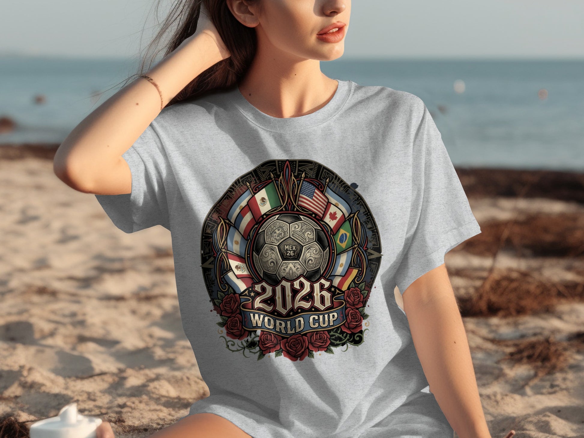 Grey t-shirt with World Cup 2026 crest featuring flags, soccer ball, and roses.