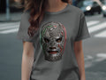 Grey t-shirt with a wrestling mask graphic featuring 