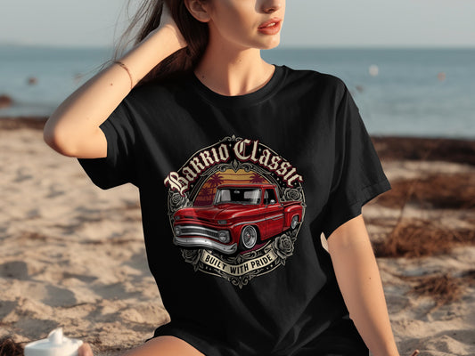 Black t-shirt with red classic pickup truck graphic that reads "Barrio Classic" and "Built with Pride."