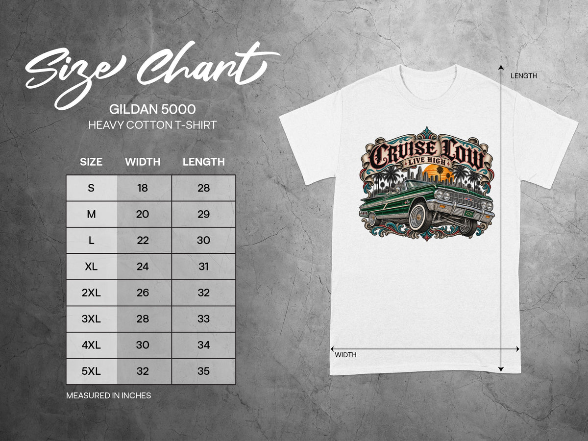 Gildan 5000 t-shirt size chart with measurements in inches.