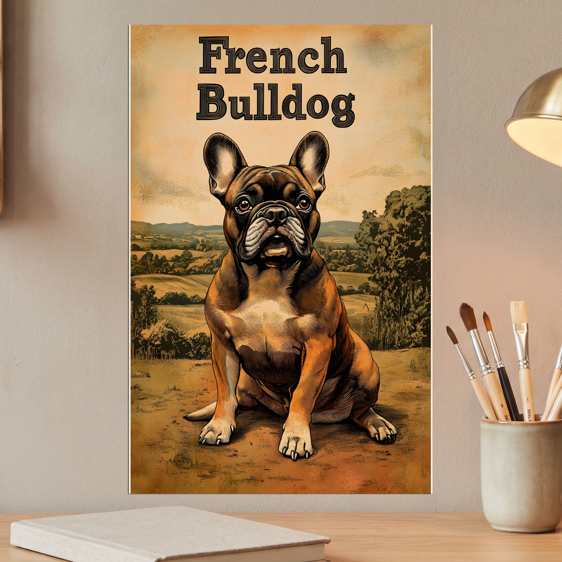 French Bulldog sitting in a landscape with trees and hills.