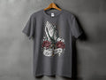 Dark grey t-shirt with praying hands, roses, rosary, and 
