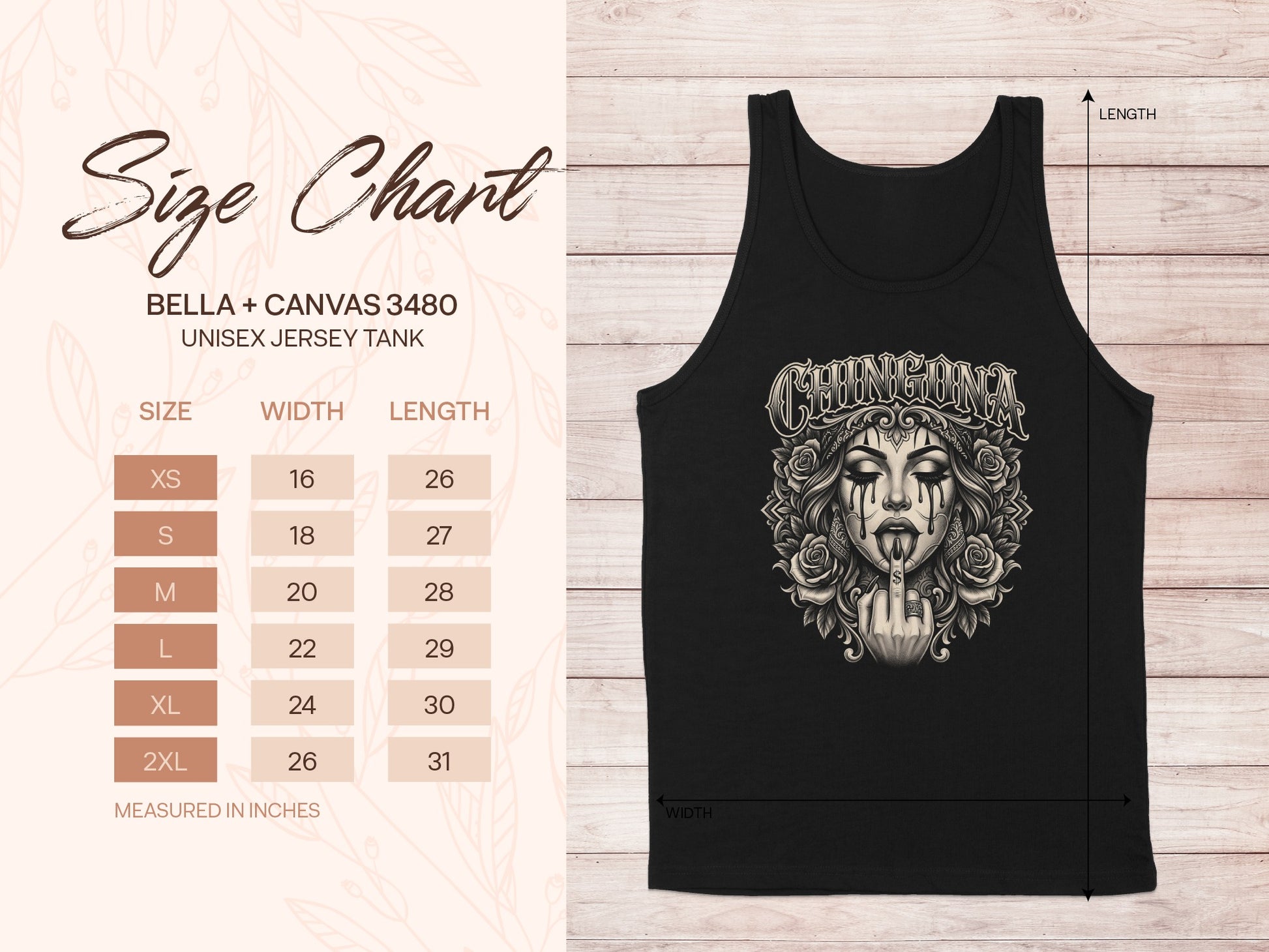 Unisex tank top size chart with measurements for Bella + Canvas 3480.
