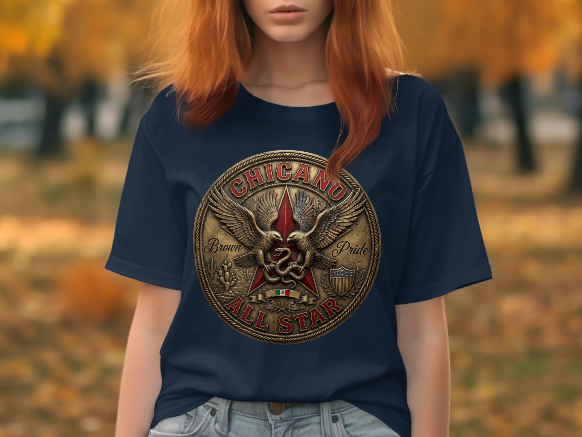 Navy t-shirt with circular "Chicano All Star" badge featuring eagles and a star.