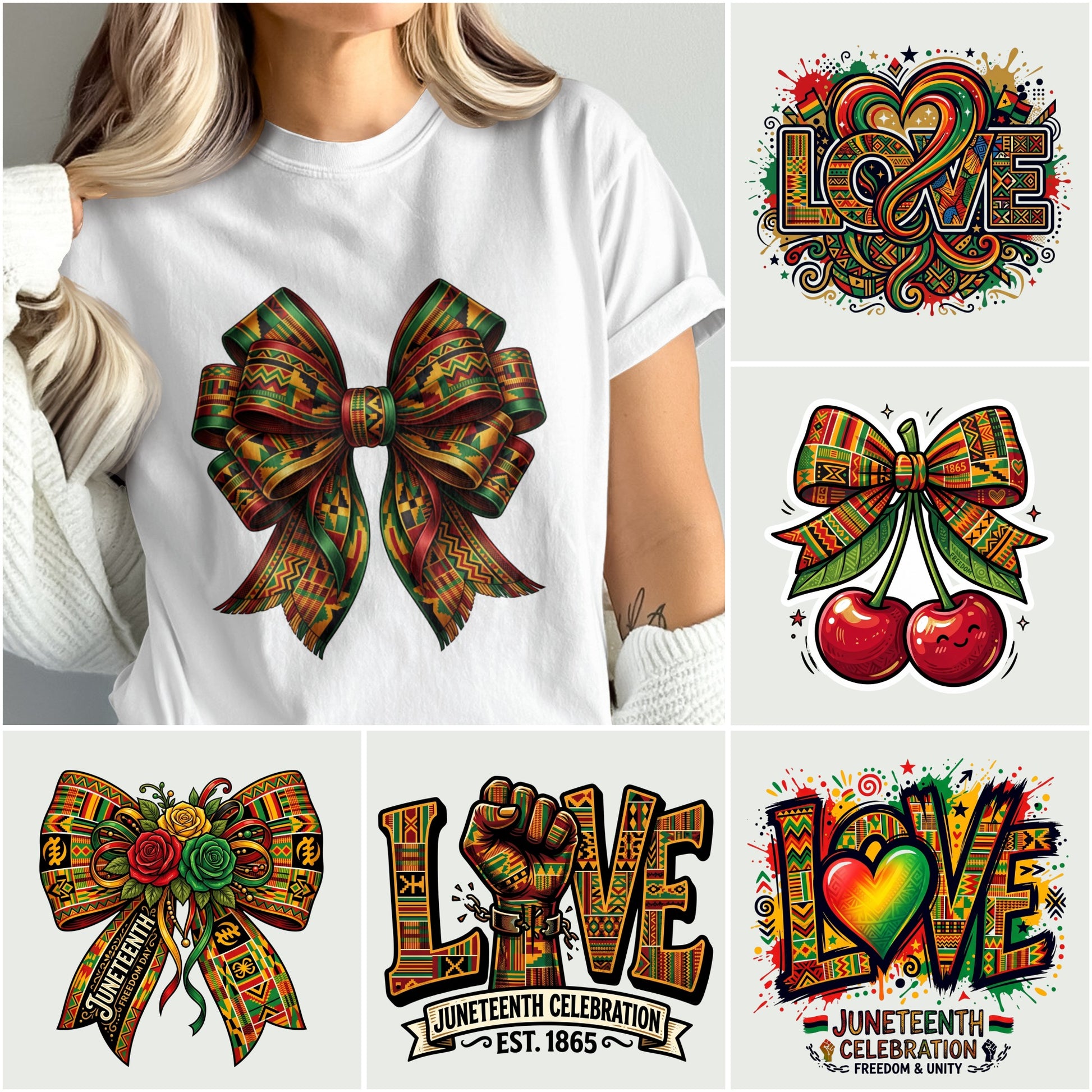 Juneteenth-themed graphic designs featuring "LOVE," a bow, and cherries on a t-shirt.