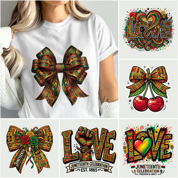 Juneteenth-themed graphic designs featuring "LOVE," a bow, and cherries on a t-shirt.